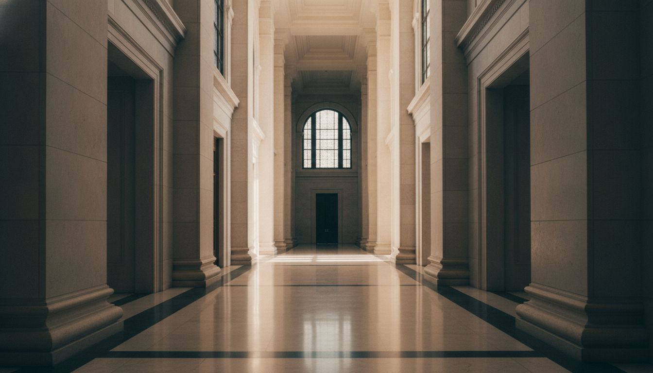 Grand architectural corridor with marble columns and warm ambient light